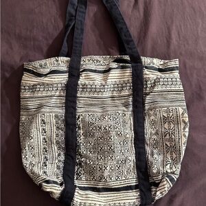 Canvas Tote Bag With Ethnic Pattern Navy blue & White
